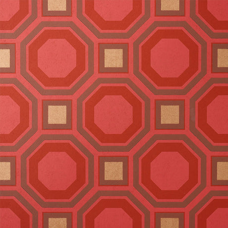 HANOVER Ruby geometric lattice wallpaper by Schumacher, bold red and gold octagonal and square pattern, surface-printed for rich depth.