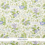 POMEGRANATE BOTANICAL wallpaper in purple and green, a mid-scale botanical print with pomegranates and florals, shown in a bathroom setting.