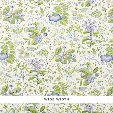 POMEGRANATE BOTANICAL wallpaper in purple and green, a mid-scale botanical print with pomegranates and florals, shown in a bathroom setting.