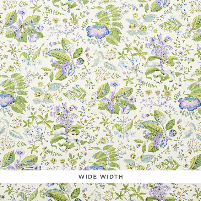 POMEGRANATE BOTANICAL wallpaper in purple and green, a mid-scale botanical print with pomegranates and florals, shown in a bathroom setting.