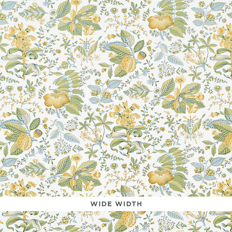 POMEGRANATE BOTANICAL wallpaper in citron colorway, a mid-scale botanical print with yellow and green foliage on a white background, Schumacher Classics collection.