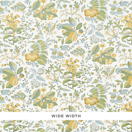 POMEGRANATE BOTANICAL wallpaper in citron colorway, a mid-scale botanical print with yellow and green foliage on a white background, Schumacher Classics collection.