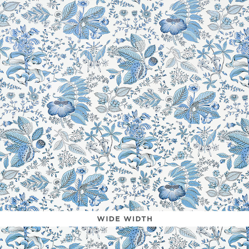 POMEGRANATE BOTANICAL wallpaper in blue, a mid-scale botanical print with lush, multi-directional floral design by Schumacher.