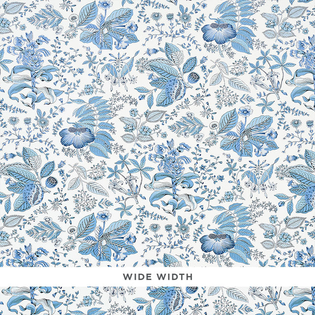 POMEGRANATE BOTANICAL wallpaper in blue, a mid-scale botanical print with lush, multi-directional floral design by Schumacher.