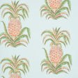 Pineapples wallpaper in sky blue by Schumacher, featuring a whimsical pineapple motif in a light and airy colorway, shown in a styled interior and close-up detail.