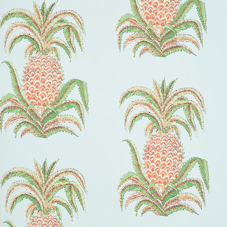 Pineapples wallpaper in sky blue by Schumacher, featuring a whimsical pineapple motif in a light and airy colorway, shown in a styled interior and close-up detail.