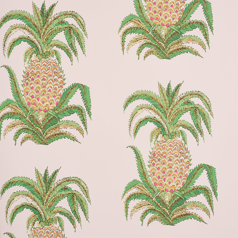 Blush pink wallpaper with large, stylized pineapples and green leaves, Schumacher Pineapples pattern