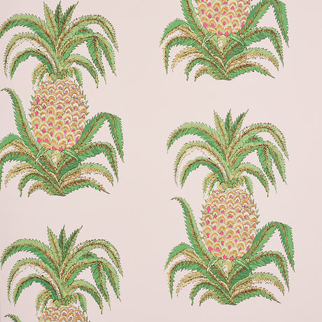 Blush pink wallpaper with large, stylized pineapples and green leaves, Schumacher Pineapples pattern