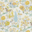 Persian Lancers wallpaper in citron, blue, and green with a whimsical Persian-inspired scene and floral motifs by Schumacher.