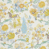 Persian Lancers wallpaper in citron, blue, and green with a whimsical Persian-inspired scene and floral motifs by Schumacher.