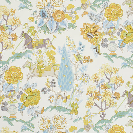 Persian Lancers wallpaper in citron, blue, and green with a whimsical Persian-inspired scene and floral motifs by Schumacher.