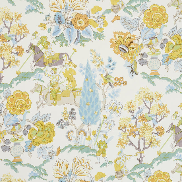 Persian Lancers wallpaper in citron, blue, and green with a whimsical Persian-inspired scene and floral motifs by Schumacher.