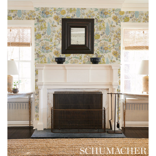 Persian Lancers Porcelain by Schumacher Blue Equestrian Floral Wallpaper – Schumacher 5010461