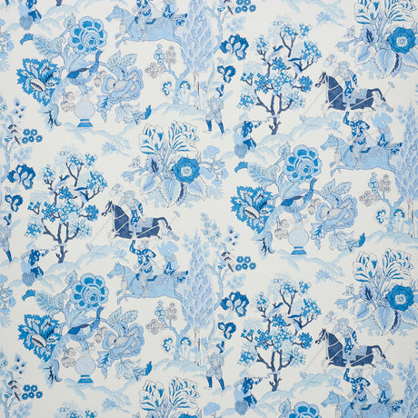 Persian Lancers Porcelain wallpaper by Schumacher featuring blue and white hand-blocked style equestrian and floral motifs.