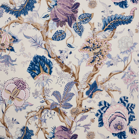 Indian Arbre Hyacinth wallpaper by Schumacher featuring a large-scale floral and botanical tree of life pattern in blue, purple, and neutral tones.
