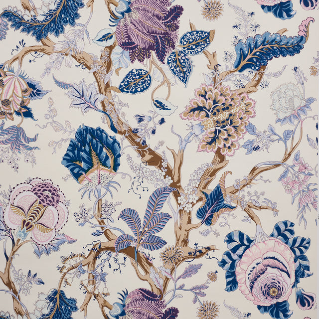 Indian Arbre Hyacinth wallpaper by Schumacher featuring a large-scale floral and botanical tree of life pattern in blue, purple, and neutral tones.