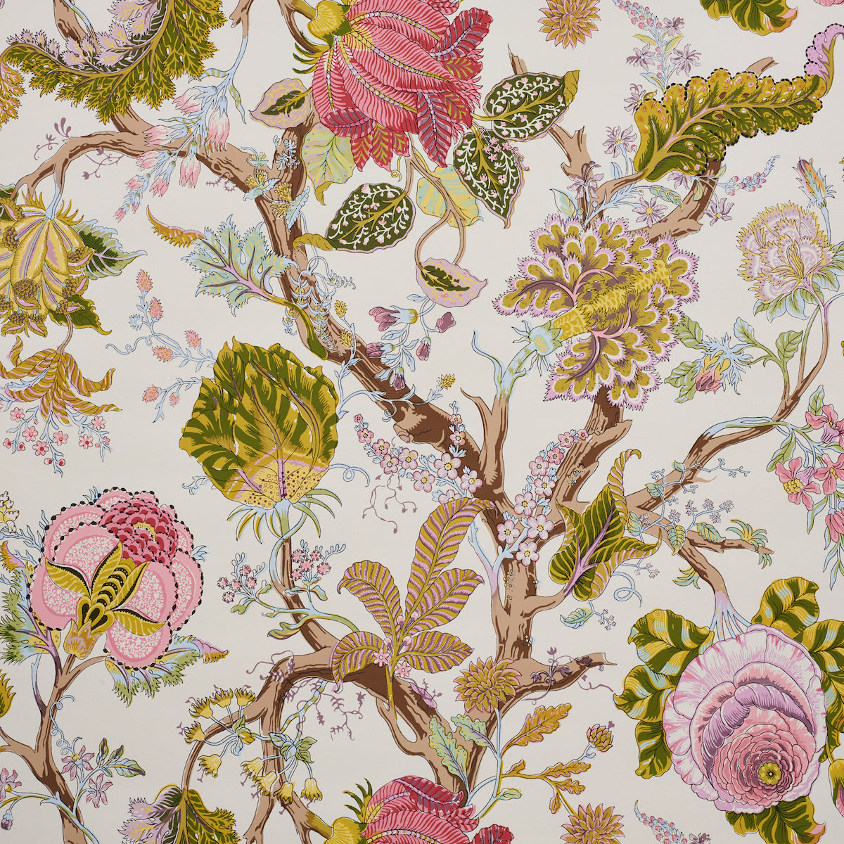 Indian Arbre Spring by Schumacher - large-scale floral wallpaper inspired by traditional palampores, shown in a bright, multi-color botanical pattern.
