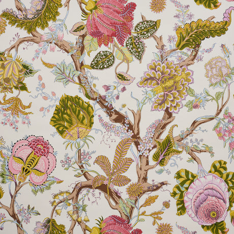 Indian Arbre Spring by Schumacher - large-scale floral wallpaper inspired by traditional palampores, shown in a bright, multi-color botanical pattern.