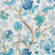 Large-scale floral and botanical wallpaper in peacock blue and emerald green on a white background, Schumacher Indian Arbre 5010492.