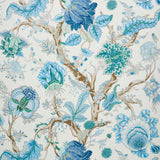 Large-scale floral and botanical wallpaper in peacock blue and emerald green on a white background, Schumacher Indian Arbre 5010492.
