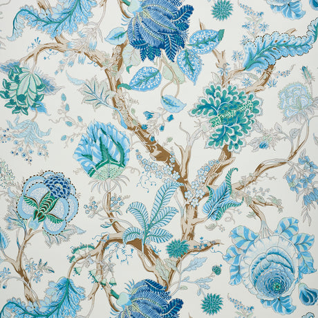 Large-scale floral and botanical wallpaper in peacock blue and emerald green on a white background, Schumacher Indian Arbre 5010492.