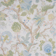 Indian Arbre Soft Green wallpaper by Schumacher, large-scale floral tree of life pattern in green, blue, and beige on white background