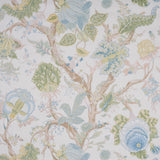 Indian Arbre Soft Green wallpaper by Schumacher, large-scale floral tree of life pattern in green, blue, and beige on white background