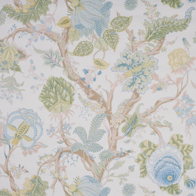 Indian Arbre Soft Green wallpaper by Schumacher, large-scale floral tree of life pattern in green, blue, and beige on white background