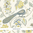 Campagne Cadet & Citron wallpaper by Schumacher featuring a French-inspired pattern of plumes, blossoms, vines, and birds in blue and yellow tones.