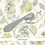 Campagne Cadet & Citron wallpaper by Schumacher featuring a French-inspired pattern of plumes, blossoms, vines, and birds in blue and yellow tones.