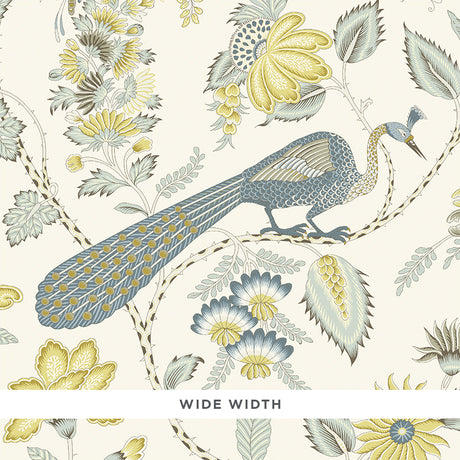 Campagne Cadet & Citron wallpaper by Schumacher featuring a French-inspired pattern of plumes, blossoms, vines, and birds in blue and yellow tones.
