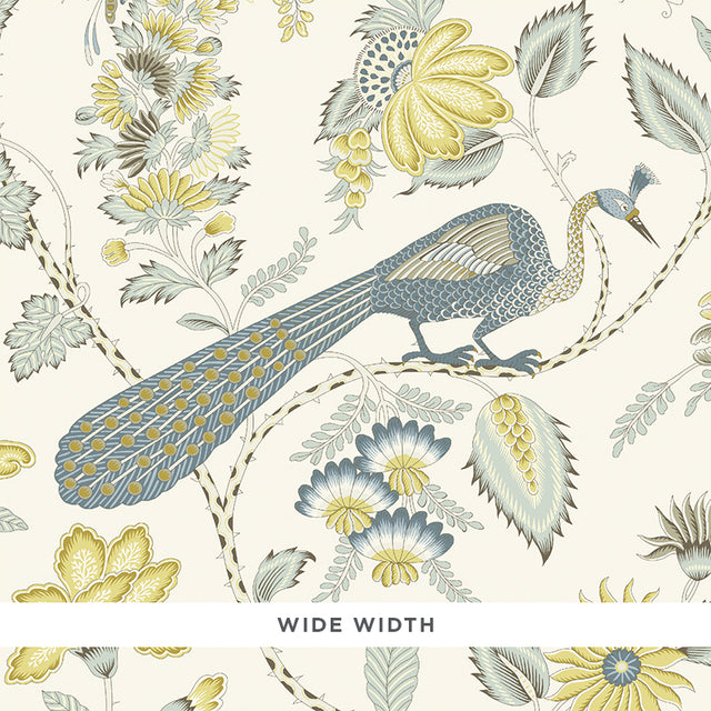 Campagne Cadet & Citron wallpaper by Schumacher featuring a French-inspired pattern of plumes, blossoms, vines, and birds in blue and yellow tones.