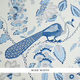Campagne Bleu & Gris wallpaper with a French-inspired design featuring plumes, blossoms, vines, and peacocks in blue and grey tones.