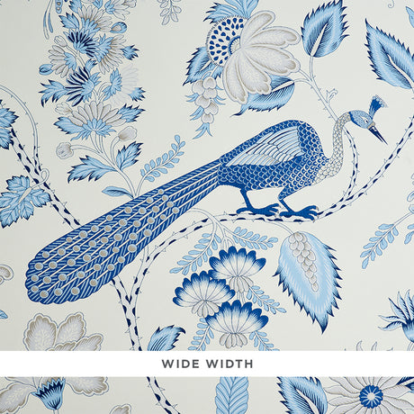 Campagne Bleu & Gris wallpaper with a French-inspired design featuring plumes, blossoms, vines, and peacocks in blue and grey tones.