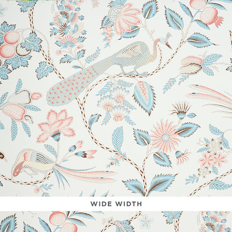 Campagne wallpaper in Peacock & Rouge by Schumacher features a lively French-inspired pattern with birds, plumes, blossoms, and vines.