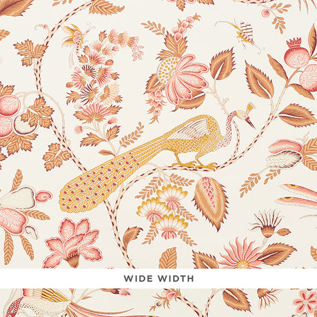Campagne Rose & Ochre wallpaper by Schumacher featuring a French-inspired pattern of plumes, blossoms, and vines with birds.