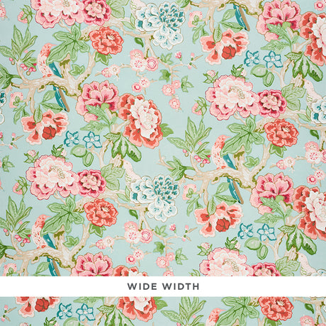 Bermuda Blossoms Aqua by Mary McDonald for Schumacher. Wide-width wallpaper with a billowing floral and bird pattern in aqua, pink, and green.