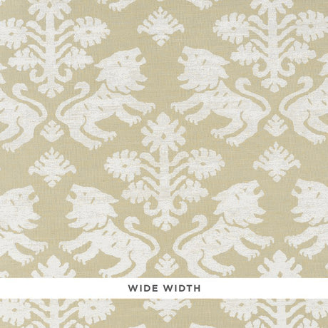 Regalia Sisal wallpaper in Ivory on Natural by Schumacher, featuring mirrored lions and stylized flowers on textured grasscloth.