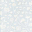 Pennick Sky painterly floral wallpaper by Schumacher in a crisp white silhouette on a soft blue background, styled in a modern interior.
