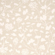 Pennick Neutral floral wallpaper by Schumacher, painterly silhouette botanical wallcovering in beige and white, shown in interior and detail views.