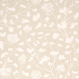 Pennick Neutral floral wallpaper by Schumacher, painterly silhouette botanical wallcovering in beige and white, shown in interior and detail views.