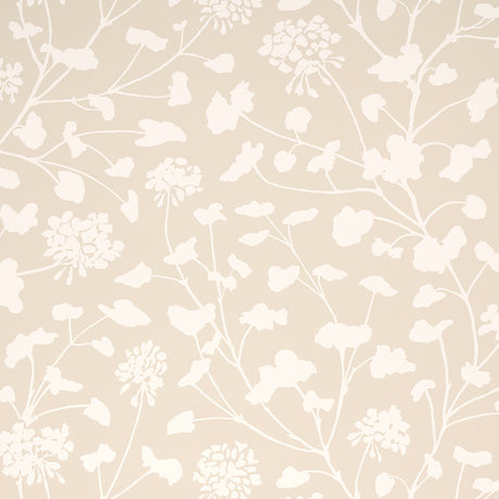 Pennick Neutral floral wallpaper by Schumacher, painterly silhouette botanical wallcovering in beige and white, shown in interior and detail views.