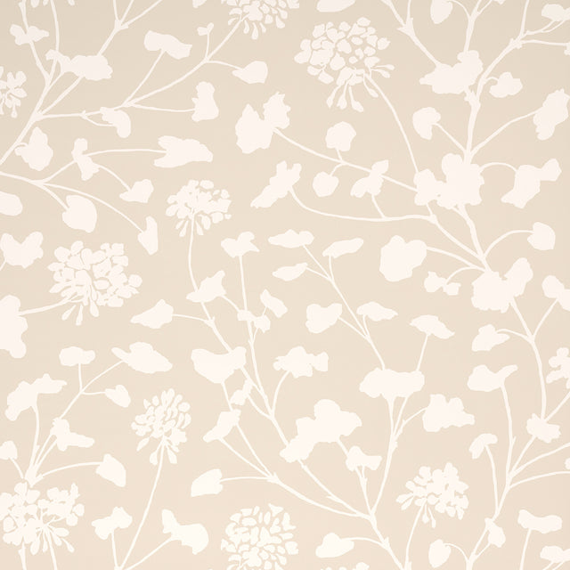 Pennick Neutral floral wallpaper by Schumacher, painterly silhouette botanical wallcovering in beige and white, shown in interior and detail views.