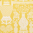 Yellow chinoiserie wallpaper featuring Ming vases, Staffordshire dogs, and floral motifs in a mirrored repeat by Schumacher.