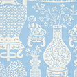 Hellene wallpaper in Sky by Schumacher featuring Ming vases and Staffordshire dogs in a mirrored pattern on a blue background.