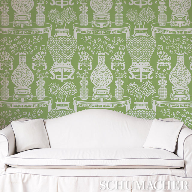 Hellene Green by Schumacher Patterned Vases & Dogs Wallpaper – Preppy Chic Collection 5010552