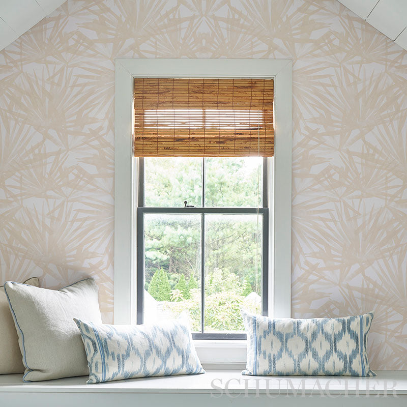 Sunlit Palm Sand by Schumacher Dreamy Dappled Palm Leaf Wallpaper – Schumacher 5010563