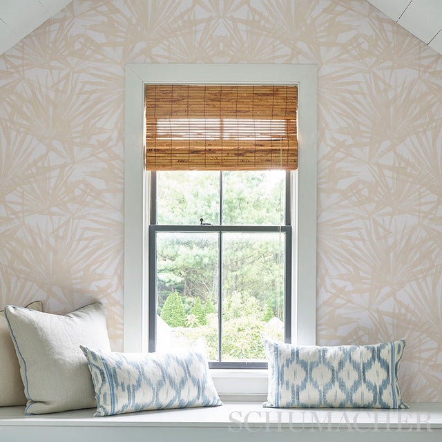 Sunlit Palm Sand by Schumacher Dreamy Dappled Palm Leaf Wallpaper – Schumacher 5010563