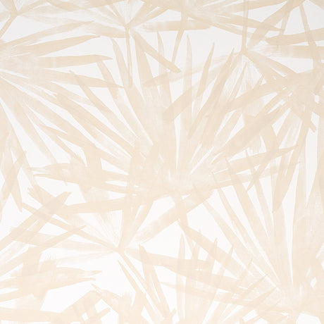 Sunlit Palm Sand wallpaper by Schumacher, featuring a dreamy, dappled palm leaf watercolor design in soft beige tones.