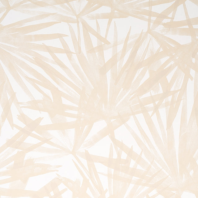 Sunlit Palm Sand wallpaper by Schumacher, featuring a dreamy, dappled palm leaf watercolor design in soft beige tones.